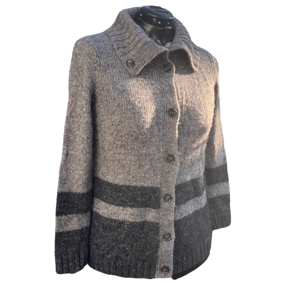 Talbots Wool Blend Long Line Cardigan with Marled Yarn and Fold Over Collar
